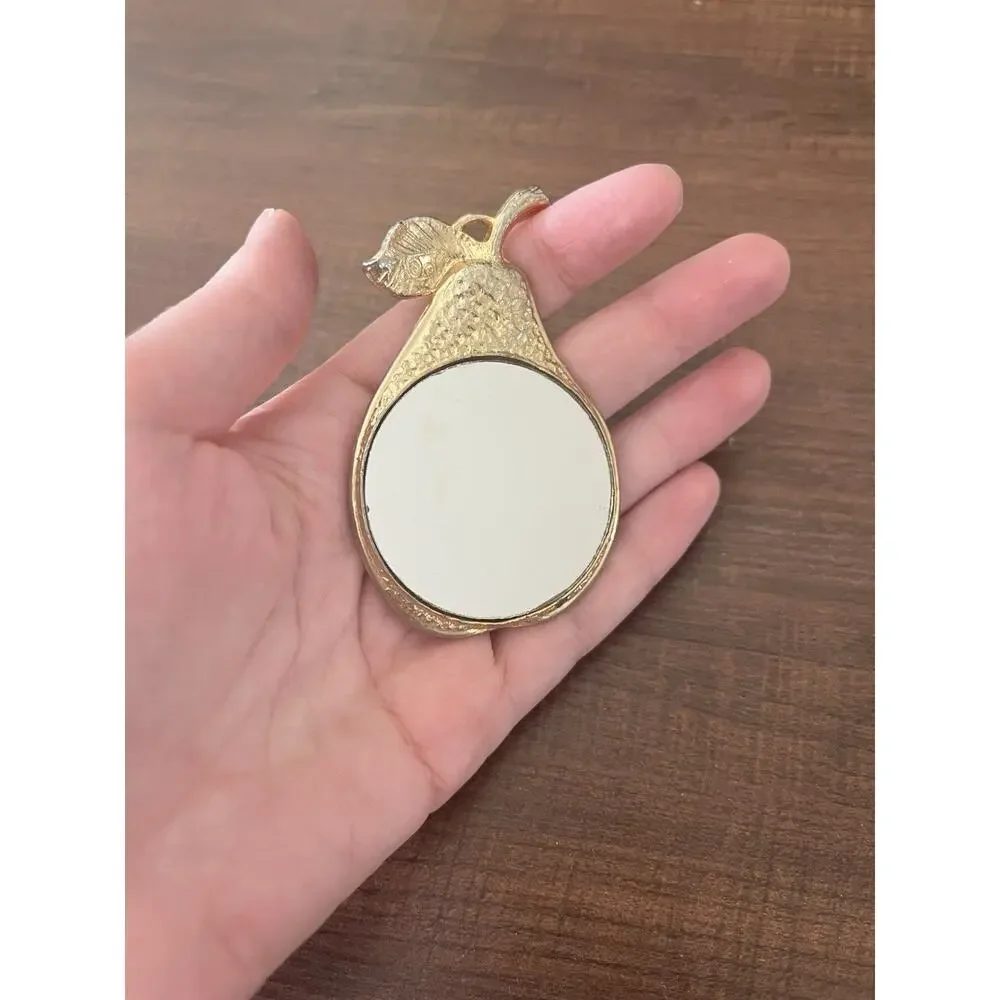 Vintage Beautiful Brass Pocket Mirror Pear Shape Orange Color Bedazzled